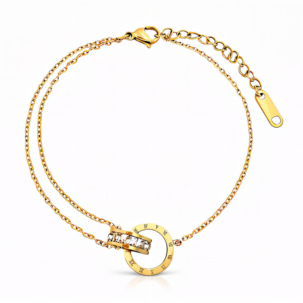 Gold double chain bracelet with Roman numeral ring charm and crystal accent
